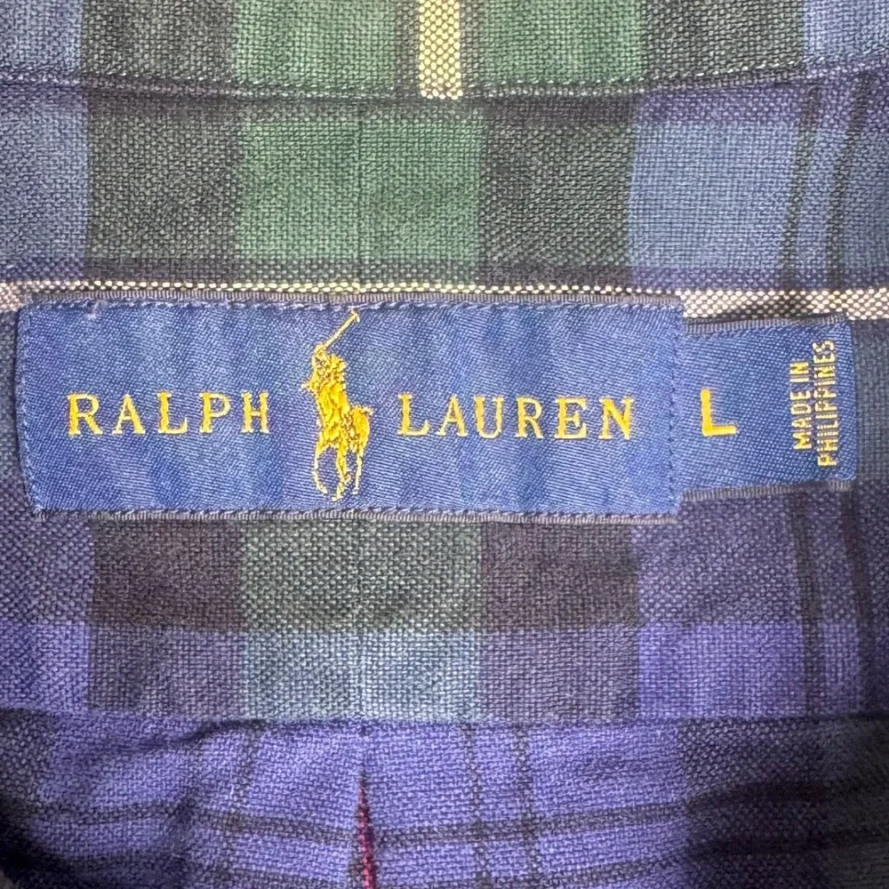Ralph Lauren Mens Large Plaid Button Down Shirt Blue Green Cotton Long Sleeve